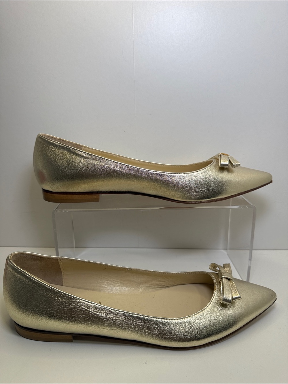 Butter Women’s Metallic Gold Leather Pointed Ballet Flats with Bow